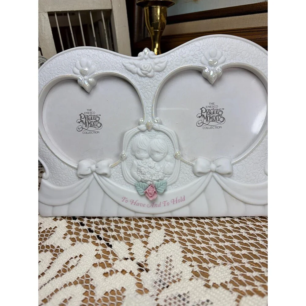 VTG Precious Moments Enesco Porcelain Double Heart Photo Frame To Have And Hold